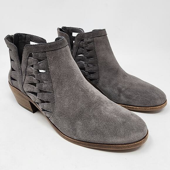 Vince Camuto Ankle Booties Women 7.5M Peera Grey Suede Cutouts Heel Zip - Picture 1 of 10